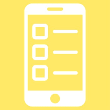 Mobile test icon from Business Bicolor Set. Glyph style is flat symbol, white color, rounded angles, yellow background.