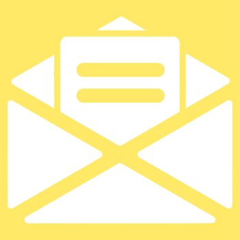 Open mail icon from Business Bicolor Set. Glyph style is flat symbol, white color, rounded angles, yellow background.