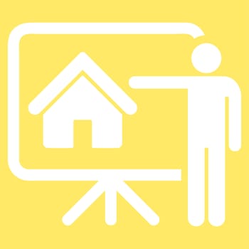 Realtor icon from Business Bicolor Set. Glyph style is flat symbol, white color, rounded angles, yellow background.