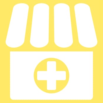 Drugstore icon from Business Bicolor Set. Glyph style is flat symbol, white color, rounded angles, yellow background.