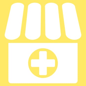 Drugstore icon from Business Bicolor Set. Glyph style is flat symbol, white color, rounded angles, yellow background.