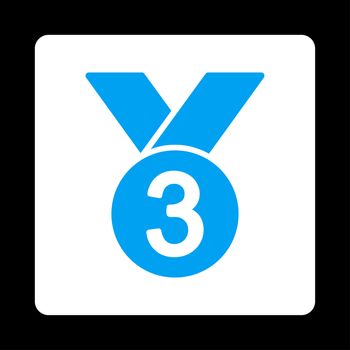 Bronze medal icon from Award Buttons OverColor Set. Icon style is blue and white colors, flat rounded square button, black background.