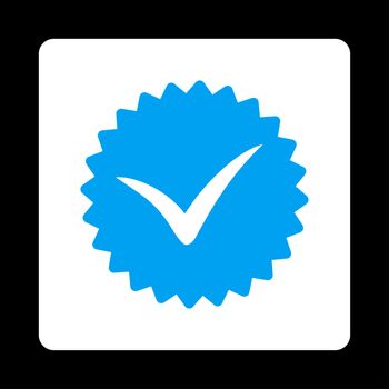 Quality icon from Award Buttons OverColor Set. Icon style is blue and white colors, flat rounded square button, black background.