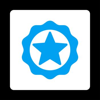 Award seal icon from Award Buttons OverColor Set. Icon style is blue and white colors, flat rounded square button, black background.