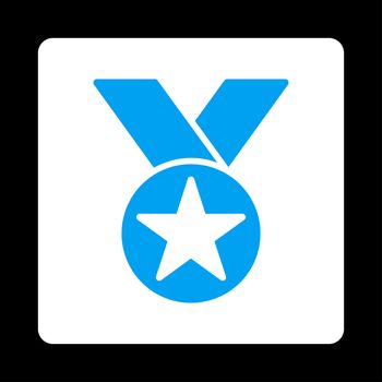 Medal icon from Award Buttons OverColor Set. Icon style is blue and white colors, flat rounded square button, black background.
