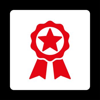 Award icon from Award Buttons OverColor Set. Icon style is red and white colors, flat rounded square button, black background.