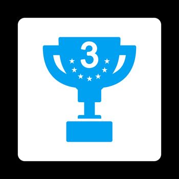 Third prize icon from Award Buttons OverColor Set. Icon style is blue and white colors, flat rounded square button, black background.