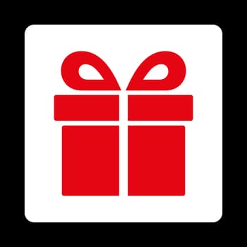 Present icon from Award Buttons OverColor Set. Icon style is red and white colors, flat rounded square button, black background.