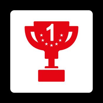 First prize icon from Award Buttons OverColor Set. Icon style is red and white colors, flat rounded square button, black background.