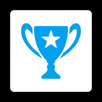 Trophy icon from Award Buttons OverColor Set. Icon style is blue and white colors, flat rounded square button, black background.