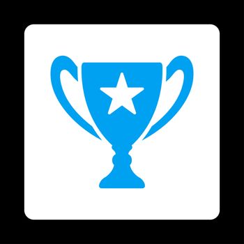 Trophy icon from Award Buttons OverColor Set. Icon style is blue and white colors, flat rounded square button, black background.