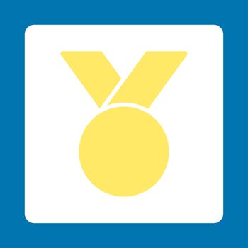 Army medal icon from Award Buttons OverColor Set. Icon style is yellow and white colors, flat rounded square button, blue background.