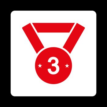 Third medal icon from Award Buttons OverColor Set. Icon style is red and white colors, flat rounded square button, black background.