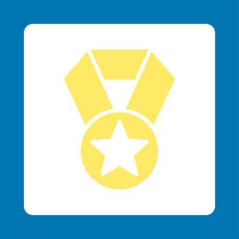 Champion medal icon from Award Buttons OverColor Set. Icon style is yellow and white colors, flat rounded square button, blue background.