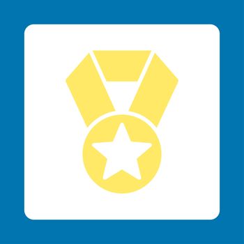 Champion medal icon from Award Buttons OverColor Set. Icon style is yellow and white colors, flat rounded square button, blue background.