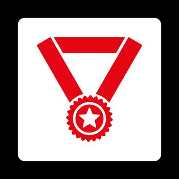 Winner medal icon from Award Buttons OverColor Set. Icon style is red and white colors, flat rounded square button, black background.