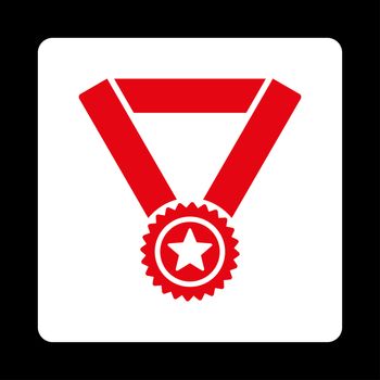 Winner medal icon from Award Buttons OverColor Set. Icon style is red and white colors, flat rounded square button, black background.