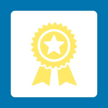 Guarantee icon from Award Buttons OverColor Set. Icon style is yellow and white colors, flat rounded square button, blue background.