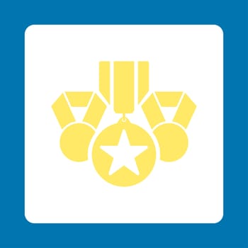 Awards icon from Award Buttons OverColor Set. Icon style is yellow and white colors, flat rounded square button, blue background.