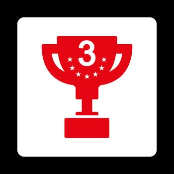 Third prize icon from Award Buttons OverColor Set. Icon style is red and white colors, flat rounded square button, black background.