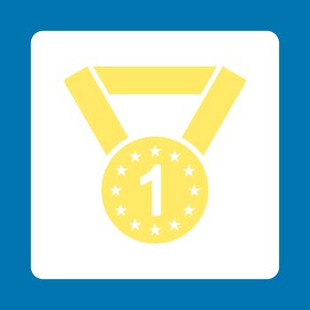 First medal icon from Award Buttons OverColor Set. Icon style is yellow and white colors, flat rounded square button, blue background.