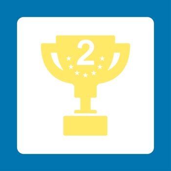 Second prize icon from Award Buttons OverColor Set. Icon style is yellow and white colors, flat rounded square button, blue background.