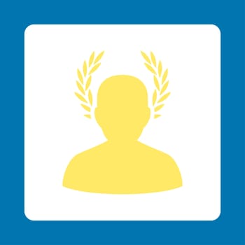 Caesar icon from Award Buttons OverColor Set. Icon style is yellow and white colors, flat rounded square button, blue background.