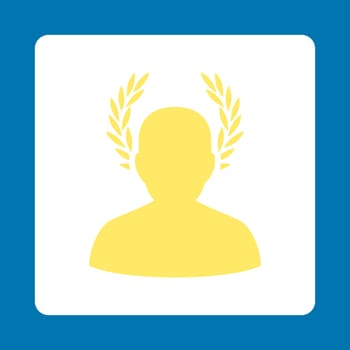 Caesar icon from Award Buttons OverColor Set. Icon style is yellow and white colors, flat rounded square button, blue background.