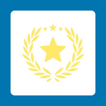 Proud icon from Award Buttons OverColor Set. Icon style is yellow and white colors, flat rounded square button, blue background.