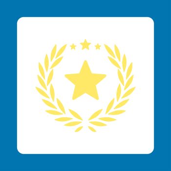 Proud icon from Award Buttons OverColor Set. Icon style is yellow and white colors, flat rounded square button, blue background.