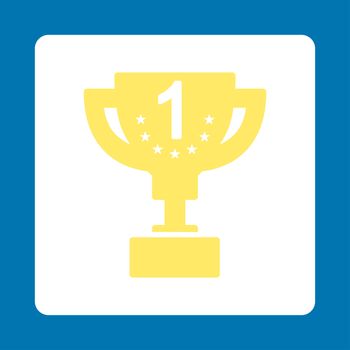First prize icon from Award Buttons OverColor Set. Icon style is yellow and white colors, flat rounded square button, blue background.