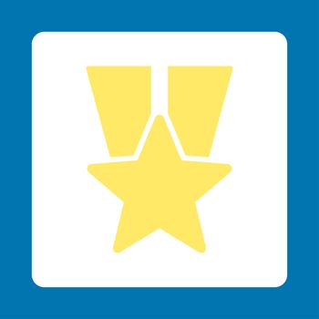 Star medal icon from Award Buttons OverColor Set. Icon style is yellow and white colors, flat rounded square button, blue background.