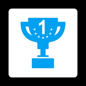 First prize icon from Award Buttons OverColor Set. Icon style is blue and white colors, flat rounded square button, black background.
