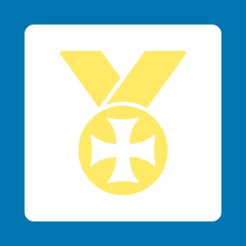 Maltese medal icon from Award Buttons OverColor Set. Icon style is yellow and white colors, flat rounded square button, blue background.