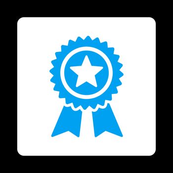 Guarantee icon from Award Buttons OverColor Set. Icon style is blue and white colors, flat rounded square button, black background.