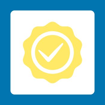 Valid icon from Award Buttons OverColor Set. Icon style is yellow and white colors, flat rounded square button, blue background.