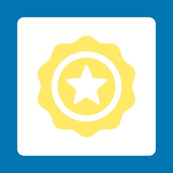 Reward seal icon from Award Buttons OverColor Set. Icon style is yellow and white colors, flat rounded square button, blue background.