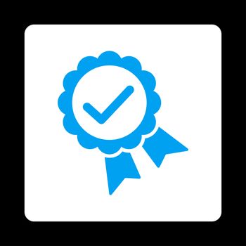 Approved icon from Award Buttons OverColor Set. Icon style is blue and white colors, flat rounded square button, black background.