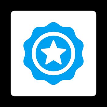 Reward seal icon from Award Buttons OverColor Set. Icon style is blue and white colors, flat rounded square button, black background.