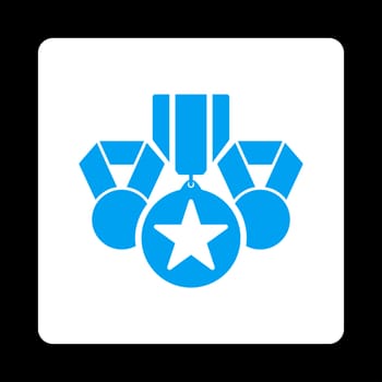 Awards icon from Award Buttons OverColor Set. Icon style is blue and white colors, flat rounded square button, black background.