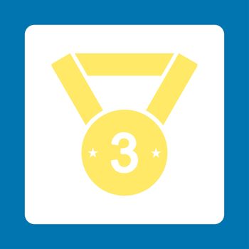 Third medal icon from Award Buttons OverColor Set. Icon style is yellow and white colors, flat rounded square button, blue background.