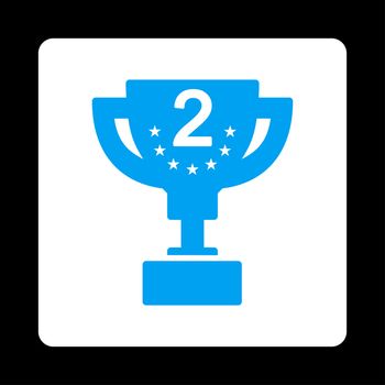 Second prize icon from Award Buttons OverColor Set. Icon style is blue and white colors, flat rounded square button, black background.