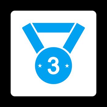 Third medal icon from Award Buttons OverColor Set. Icon style is blue and white colors, flat rounded square button, black background.