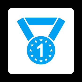 First medal icon from Award Buttons OverColor Set. Icon style is blue and white colors, flat rounded square button, black background.