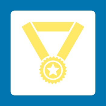Winner medal icon from Award Buttons OverColor Set. Icon style is yellow and white colors, flat rounded square button, blue background.