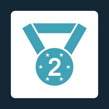 Second medal icon from Award Buttons OverColor Set. Icon style is blue and white colors, flat rounded square button, dark blue background.