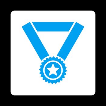 Winner medal icon from Award Buttons OverColor Set. Icon style is blue and white colors, flat rounded square button, black background.