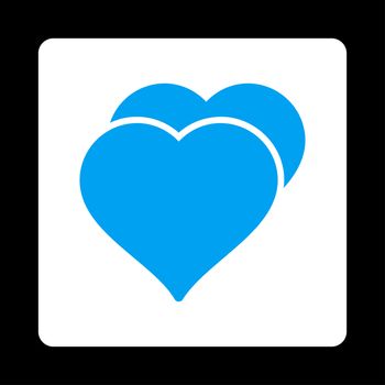 Love icon from Award Buttons OverColor Set. Icon style is blue and white colors, flat rounded square button, black background.