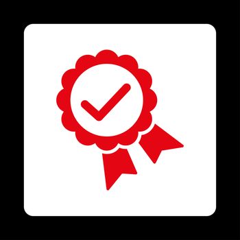 Approved icon from Award Buttons OverColor Set. Icon style is red and white colors, flat rounded square button, black background.