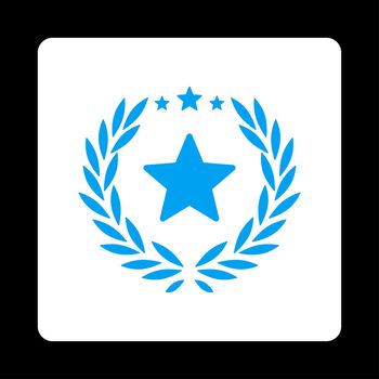 Proud icon from Award Buttons OverColor Set. Icon style is blue and white colors, flat rounded square button, black background.